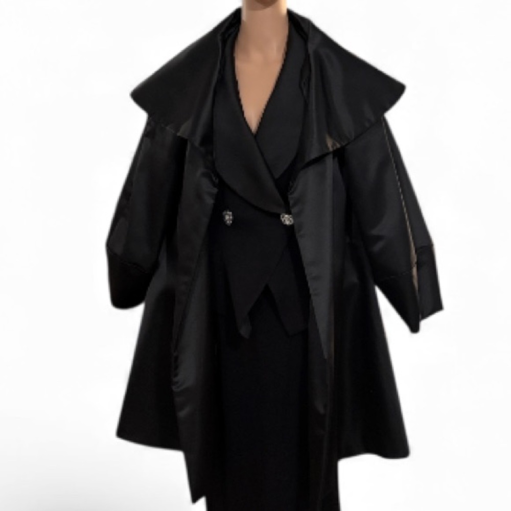 Morton Myles Vintage 1960 Black Satin Swing‎ Holiday Coat Pockets Women Size M